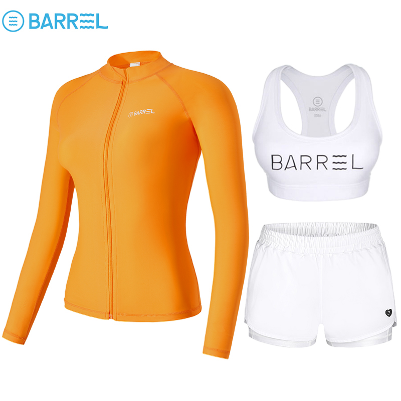 A female orange zipper + white vest + three pairs of shorts with a white shirt